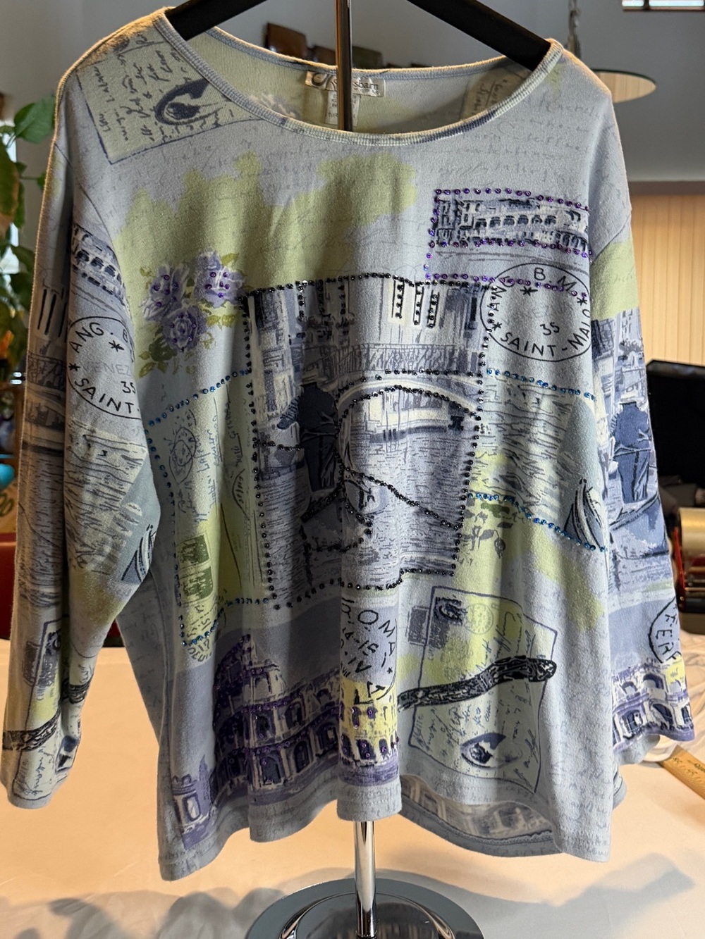 Scenic Print Light Blue Scoop Neck Sweater